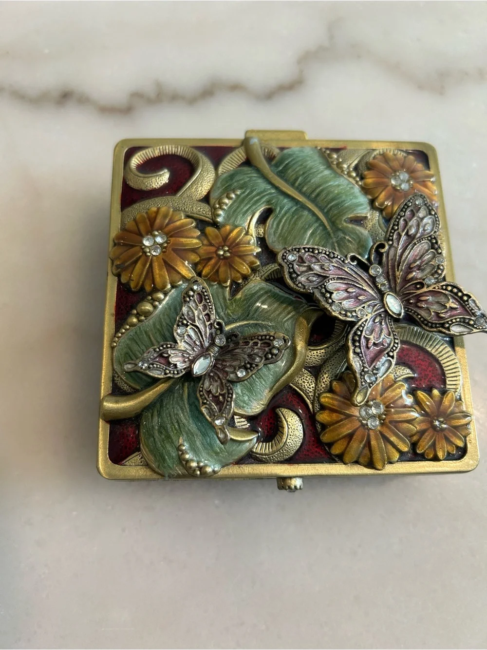 The Bombay Company Enameled Trinket Jewelry Box Mirror Velvet Interior Vintage
